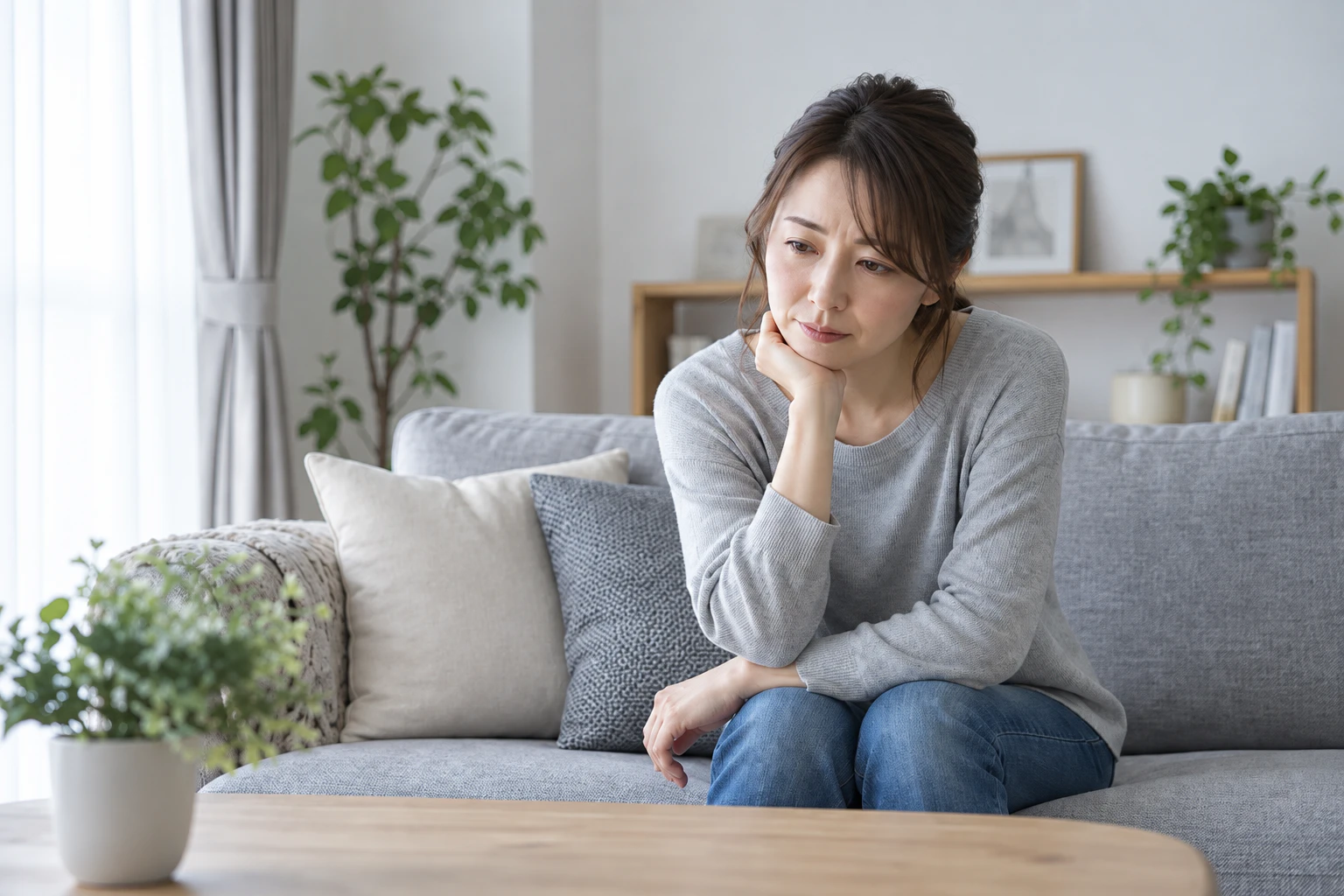 自宅で体や生活の悩みを考えている女性