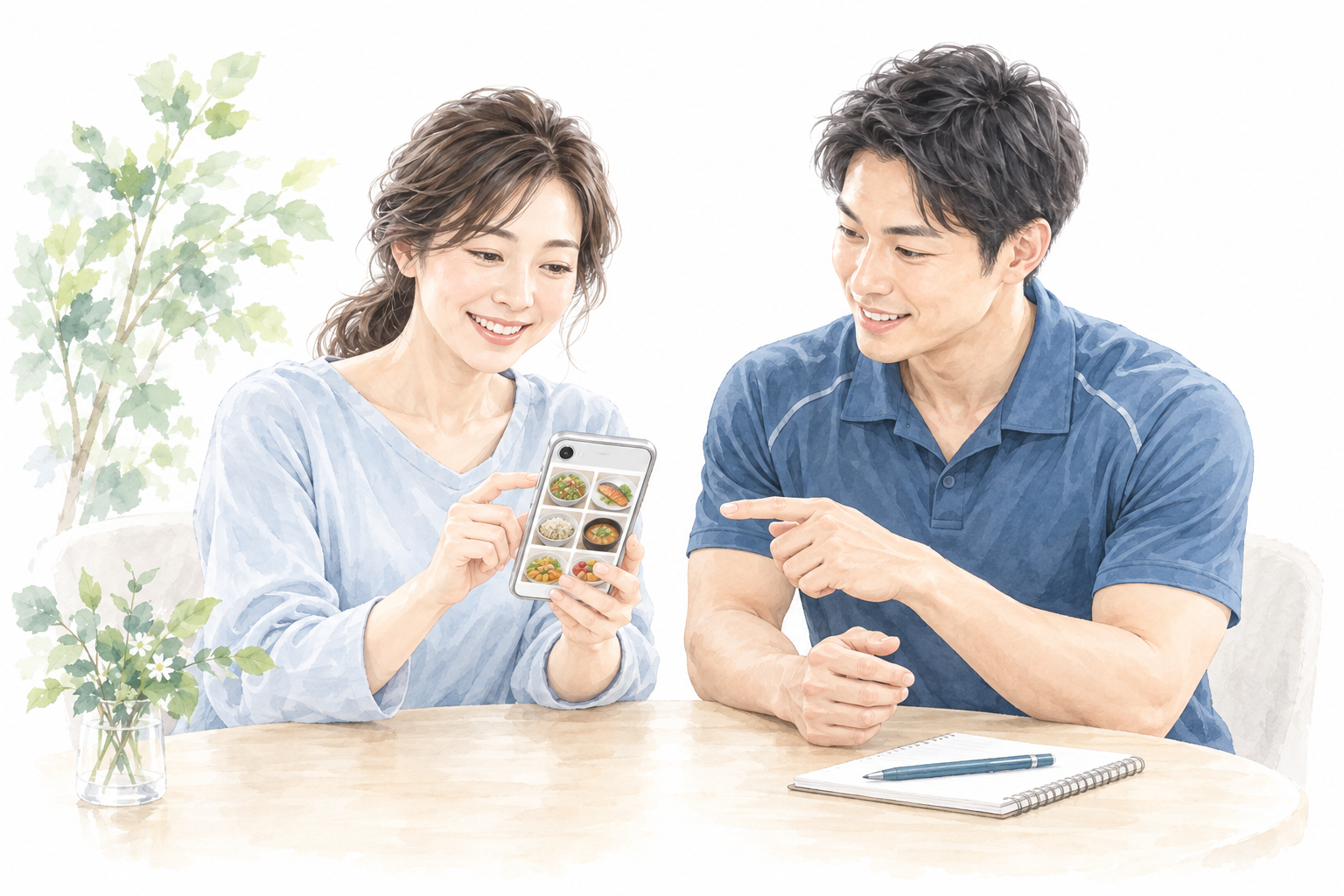 スマートフォンの食事記録を見ながらトレーナーと振り返る様子